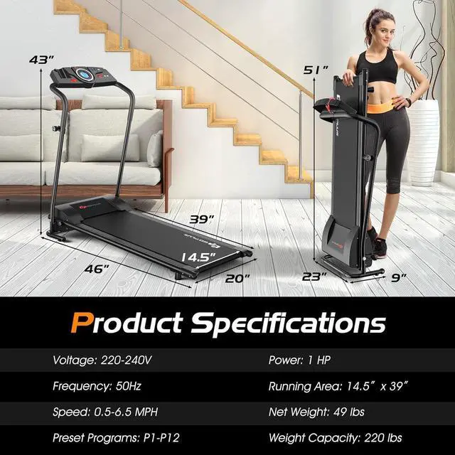 Alt view image 7 of 7 - Goplus Compact Folding Treadmill for Home, Electric Walking Running Machine, Low Noise, Built-in 2 Workout Modes and 12 Programs, with Display