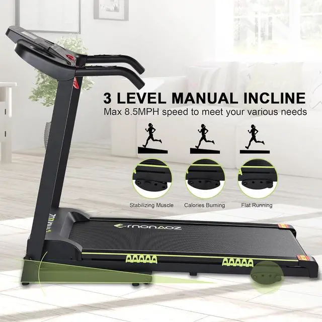 Alt view image 4 of 7 - Treadmill with Manual Incline and Bluetooth Speaker, Folding Treadmill 2.5HP Up to 8.5 MPH Speed, 18" Wide Running Machine with 15 Programs LCD Display, 300 LBS Capacity, for Home Use