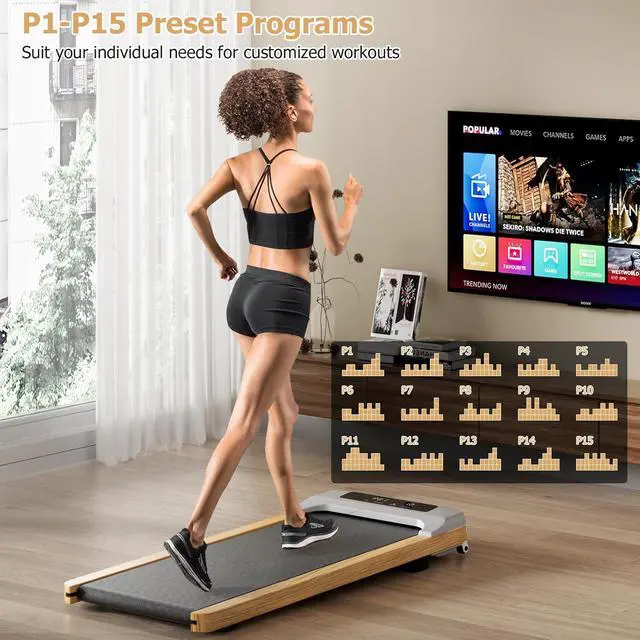 Alt view image 7 of 7 - Goplus Walking Pad, Wooden Under Desk Treadmill for Home and Office, Portable Walking Pad Treadmill Under Desk with Remote Control, 15 Preset Programs, LED Display, Installation-Free