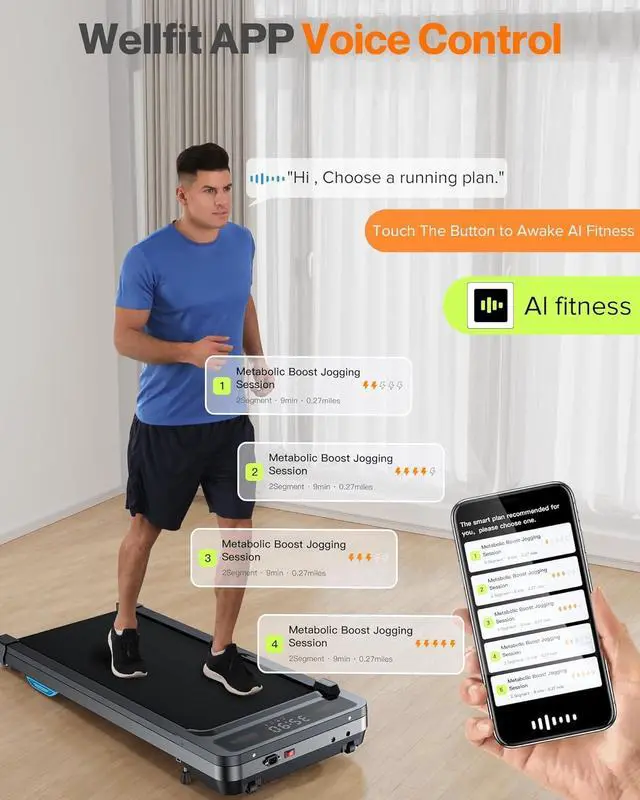 Alt view image 2 of 7 - Under Desk Walking Pad Treadmill: [Voice Controlled] Smart Incline Treadmill Works with KINOMAP WELLFIT APP for Home Office - 300Lbs Capacity Quiet Treadmills with LED Screen Remote Control
