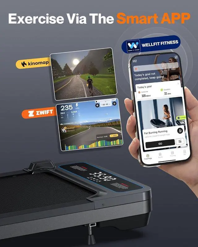 Alt view image 3 of 7 - Under Desk Walking Pad Treadmill: [Voice Controlled] Smart Incline Treadmill Works with KINOMAP WELLFIT APP for Home Office - 300Lbs Capacity Quiet Treadmills with LED Screen Remote Control