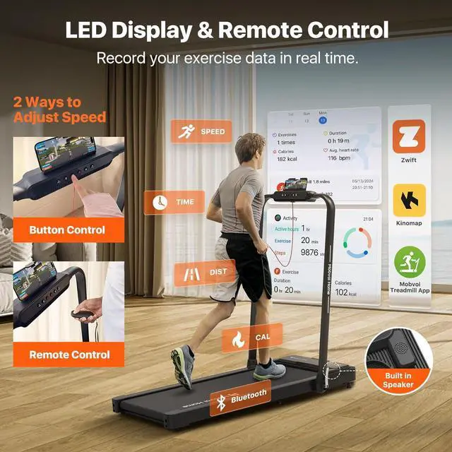 Alt view image 3 of 7 - Mobvoi Home Treadmill Plus 3 in 1 Folding Treadmill Walking Pad 2.5HP Compact Under Desk Running Walking Machine for Home Office Remote Control LED Display Speaker Large Running Area 265LBS 7.6 MPH