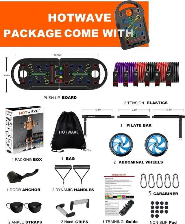 Alt view image 6 of 6 - HOTWAVE Portable Exercise Equipment with 16 Gym Accessories.20 in 1 Push Up Board Fitness,Resistance Bands with Ab Roller Wheel,Home Workout for Men