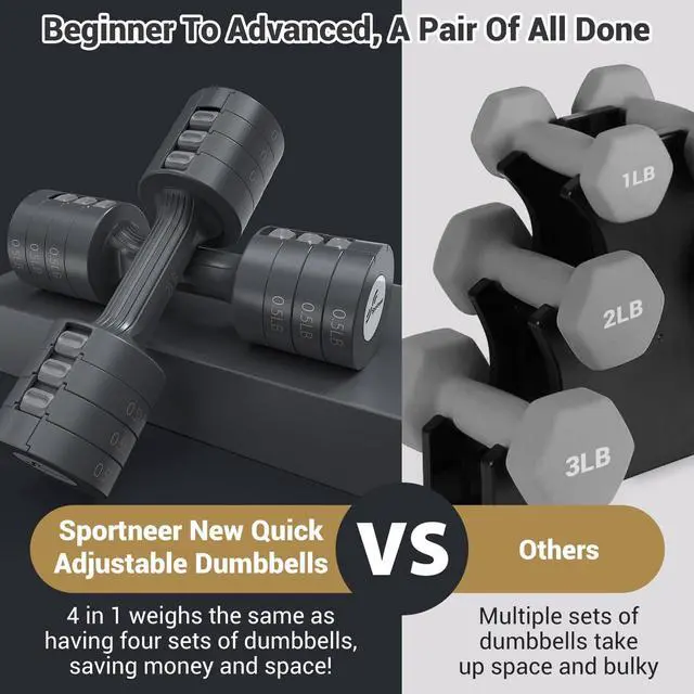 Alt view image 4 of 7 - Adjustable Dumbbells Hand Weights Set: Sportneer 1 Pair 2 4 6 8 10 Lbs Fast Adjust Dumbbell Weight 6 In 1 Free Weights Barbells For Women Men Home Gym Workout Exercise Strength Training 2-5 Lbs Each