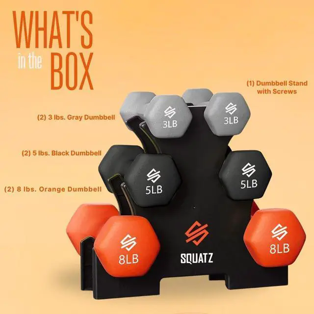 Alt view image 2 of 6 - Dumbbell Weights Set with Stand, 32lbs Neoprene Coated Weights in Color Gray, Black, and Orange, Hex Shape Anti Slip and Roll Dumbbells for Exercise, Training, Fitness, Yoga