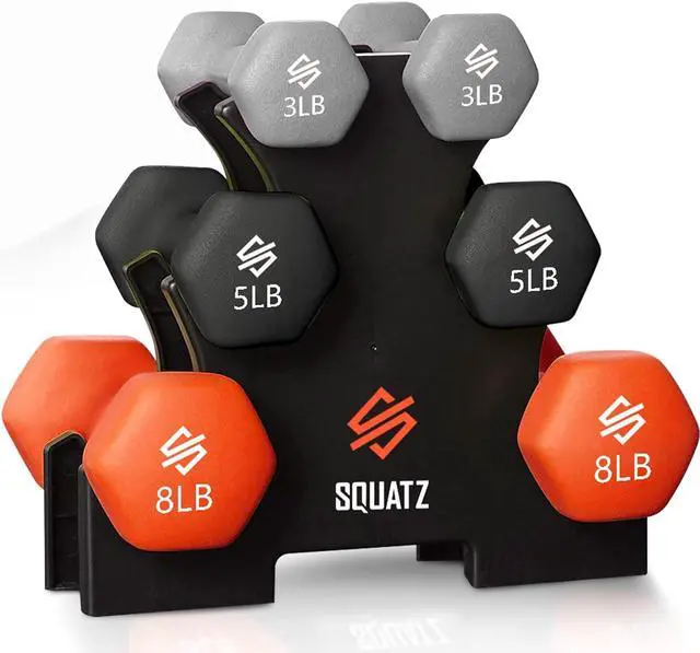 Main image of Dumbbell Weights Set with Stand, 32lbs Neoprene Coated Weights in Color Gray, Black, and Orange, Hex Shape Anti Slip and Roll Dumbbells for Exercise, Training, Fitness, Yoga