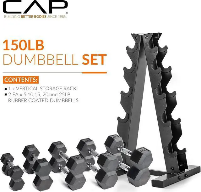 Alt view image 2 of 7 - CAP Barbell 150 LB Coated Hex Dumbbell Weight Set with Vertical Rack | Multiple Colors