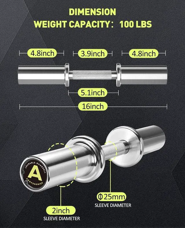 Alt view image 2 of 7 - Pair of 16" Olympic Dumbbell Handles Loadable Dumbbell Bars for 2-inch Olympic Weight Plates Ideal for Home Gym Strength Training, 2 Pair of Spring Collars Included