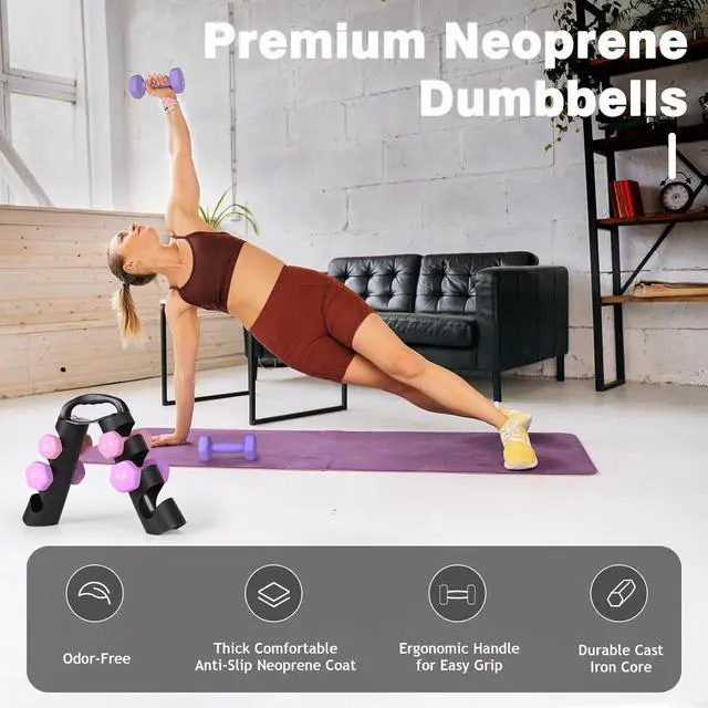 Alt view image 4 of 7 - LIONSCOOL Set of 2 Neoprene Coated Dumbbell Hand Weights, Anti-Slip and Anti-Roll Hex Dumbbells in Pair for Strength Training, Resistance Training