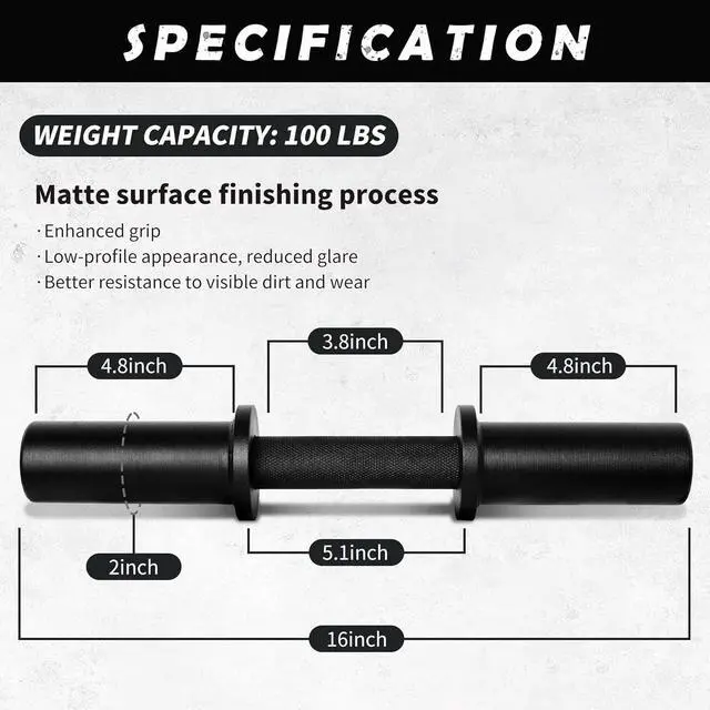 Alt view image 2 of 7 - 16" Olympic Dumbbell Handle, Dumbbell Bar for 2-inch Olympic Weight Plates, Loadable Dumbbells for Home Gym Strength Training, 2 Pair of Spring Collars Included