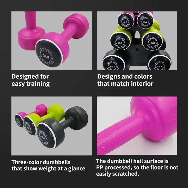 Alt view image 5 of 6 - Body Sculpture weights set FreeWeight Dumbbell Set with Rack Set includes 3, 6 and 12 lb weights ideal for men and women for small and large muscle groups
