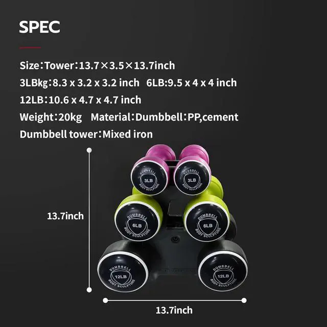 Alt view image 6 of 6 - Body Sculpture weights set FreeWeight Dumbbell Set with Rack Set includes 3, 6 and 12 lb weights ideal for men and women for small and large muscle groups