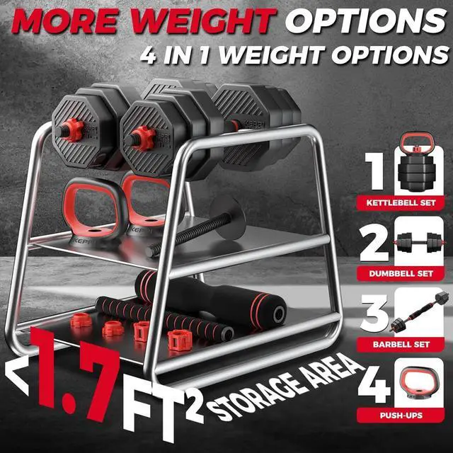Alt view image 3 of 7 - KeppiFitness Adjustable Dumbbell Set, 30/50/70/90 lb Weight Set with Connector Bar, 4 in 1 Workout Gear with Dumbbell, Kettlebell, Barbell, Push up Handle for Home Gym Fitness Exercise