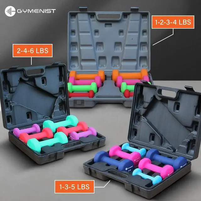 Alt view image 2 of 6 - Gymenist Dumbbell Set With Hard Plastic Case Includes 3 Pairs And A Hard Travel Carry Storage Case