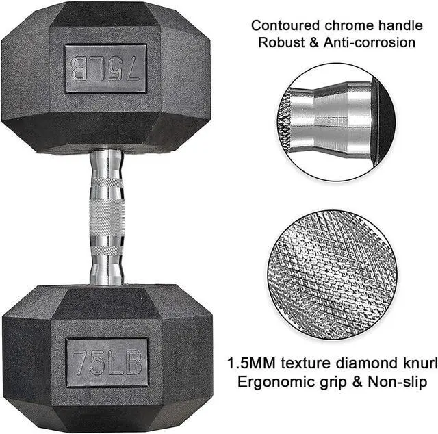 Alt view image 3 of 7 - LIFERUN Dumbbells Rubber Coated Cast Iron Hex Black Dumbbell 40-75lb Free Weights Dumbbell Set