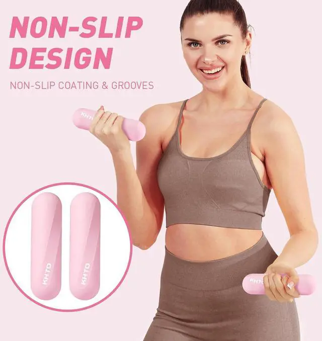 Alt view image 4 of 7 - KHTO Neoprene Dumbbell Weight Bars for Women, Pink (2.2 LB | 4.4 LB Pair), Non-Slip Hex Sides Dumbbell Set for Home Gym Workout, Walking, Yoga, Dance, Barre, Pilates