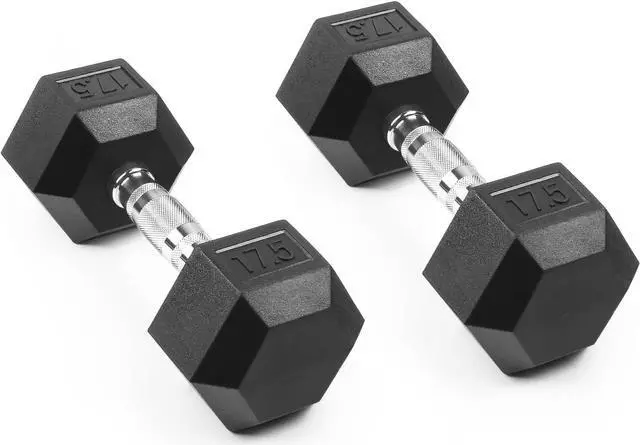 Main image of LIONSCOOL Rubber Encased Hex Dumbbells in Pairs or Single, Hand Dumbbell Weight with Metal Handle for Strength Training, Resistance Training, Build Muscle and Full Body Workout, 5-65lbs