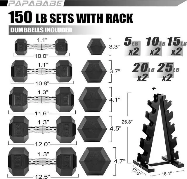 Alt view image 2 of 5 - papababe Dumbbell Set Rubber Encased Hex Dumbbell Free Weights Dumbbells Set Home Weight Set with Rack