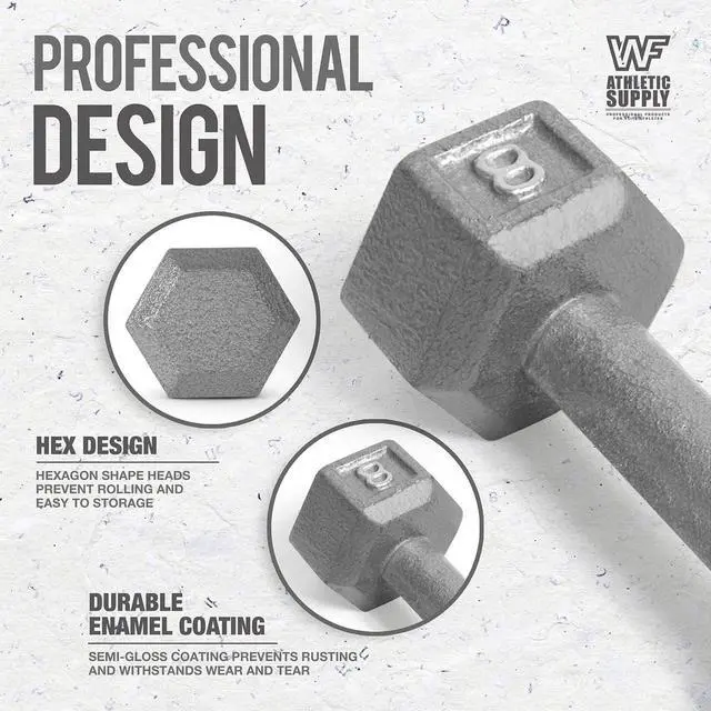 Alt view image 2 of 7 - WF Athletic Supply Cast Iron Dumbbell Set, Solid Hexagon Grey Dumbbell Set, Strength Training Free Weights for Women & Men
