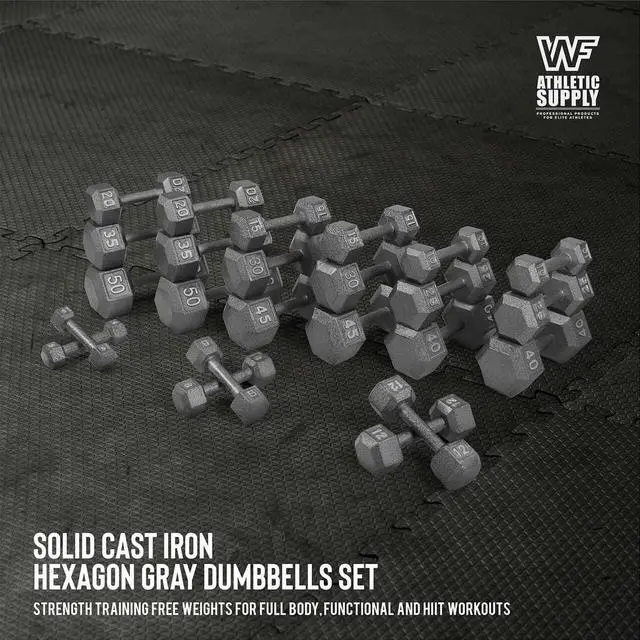 Alt view image 4 of 7 - WF Athletic Supply Cast Iron Dumbbell Set, Solid Hexagon Grey Dumbbell Set, Strength Training Free Weights for Women & Men