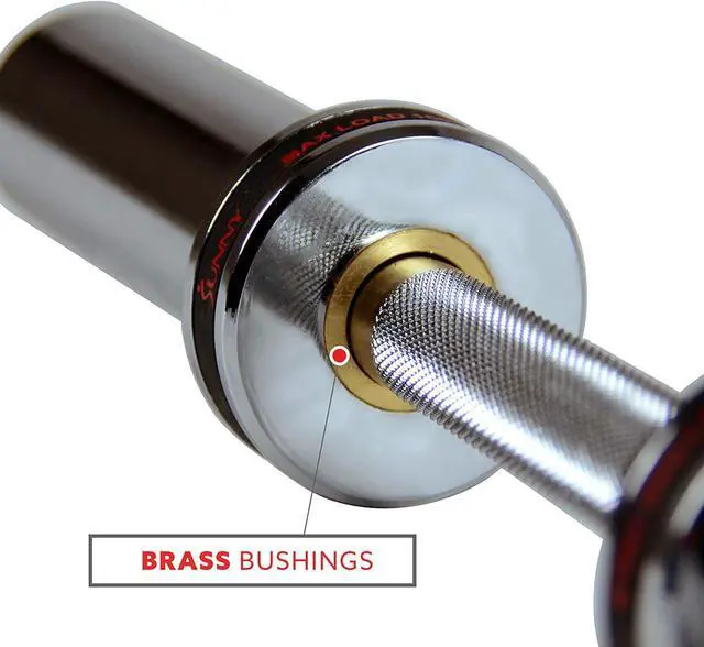 Alt view image 6 of 7 - Sunny Health & Fitness Olympic Single Barbell Bar, 20" Heavy Duty Dumbell Handle with Locking Ring Collars, Loadable Sleeve, Brass Brushing, Fit 2 Inch Standard Weight Plate, Chrome, OB-20