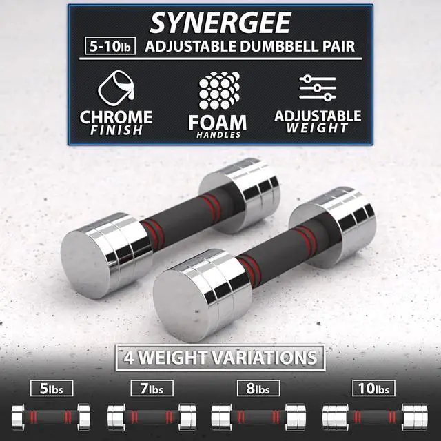 Alt view image 2 of 7 - Synergee Ultra Compact Adjustable Dumbbell Sets. Steel Weight Set with Foam Handles and Chrome Finish. Weights Range from 5-20 lbs.