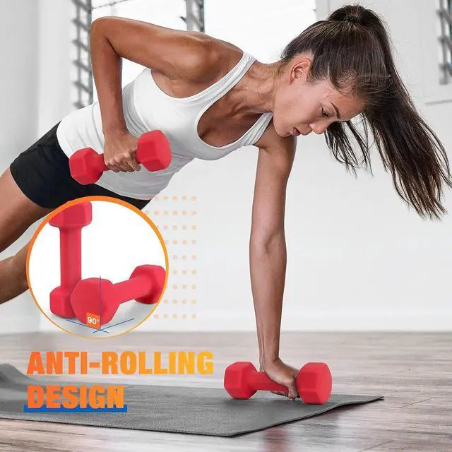 Alt view image 5 of 7 - Portzon Set of 2 Neoprene Dumbbell Hand Weights, Anti-Slip, Anti-roll, Hex Shape ,8LB