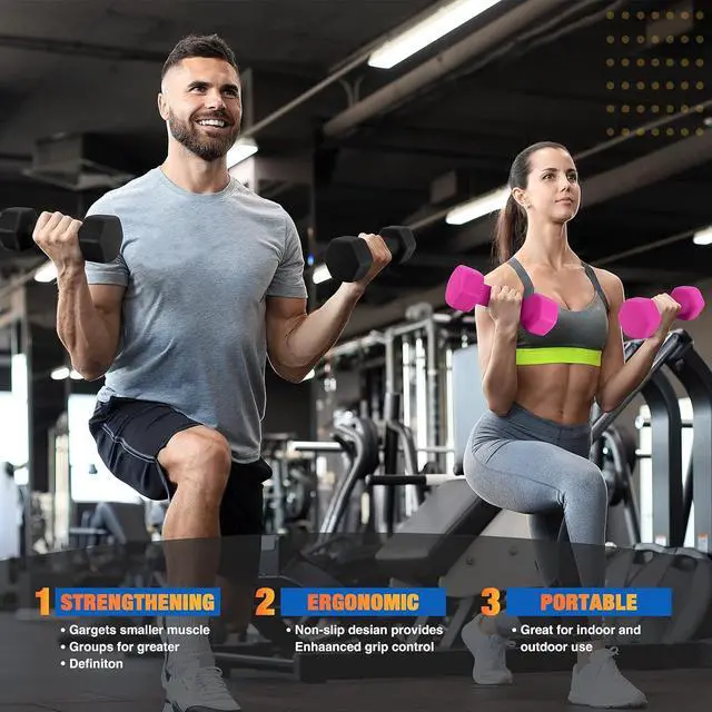 Alt view image 6 of 7 - Portzon Set of 2 Neoprene Dumbbell Hand Weights, Anti-Slip, Anti-roll, Hex Shape ,8LB