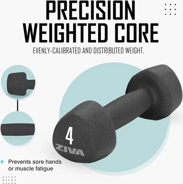 Alt view image 3 of 7 - ZIVA Neoprene Rubber Tribell Dumbbell Pairs - Sleek, No-Slip, Durable Rubber Finish, Precision Weighted Core, No-Roll Design for Rigorous Exercise and Strength Training (Avail in 2-10lb Pairs)