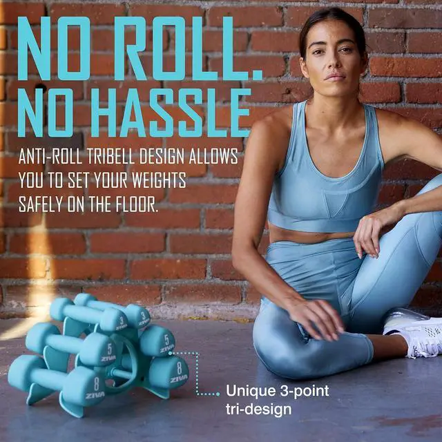 Alt view image 4 of 7 - ZIVA Neoprene Rubber Tribell Dumbbell Pairs - Sleek, No-Slip, Durable Rubber Finish, Precision Weighted Core, No-Roll Design for Rigorous Exercise and Strength Training (Avail in 2-10lb Pairs)