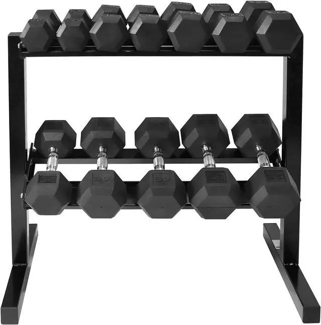Alt view image 6 of 6 - WF Athletic Supply Rubber Coated Hex Dumbbell Set with Two Tier Premium Storage Rack Built for Strength Building, Weight Loss & Home Gym  Multiple Sets Available