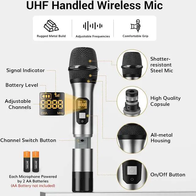 Alt view image 6 of 7 - Wireless Microphones System with Metal Cordless Handheld/Headset/Lavalier Lapel Mics, Bodypack Transmitter, Receiver, 4*10 Channels 295ft Range for Singing Karaoke Church Party DJ PA Speaker