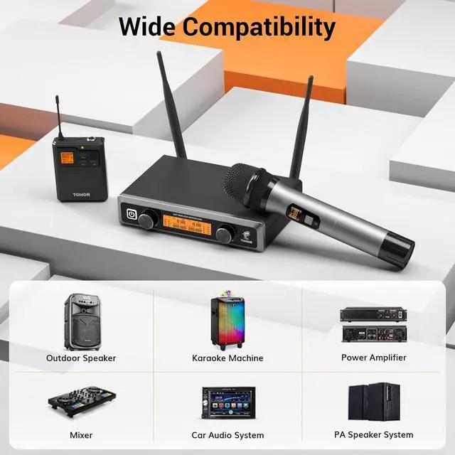 Alt view image 7 of 7 - Wireless Microphones System with Metal Cordless Handheld/Headset/Lavalier Lapel Mics, Bodypack Transmitter, Receiver, 4*10 Channels 295ft Range for Singing Karaoke Church Party DJ PA Speaker