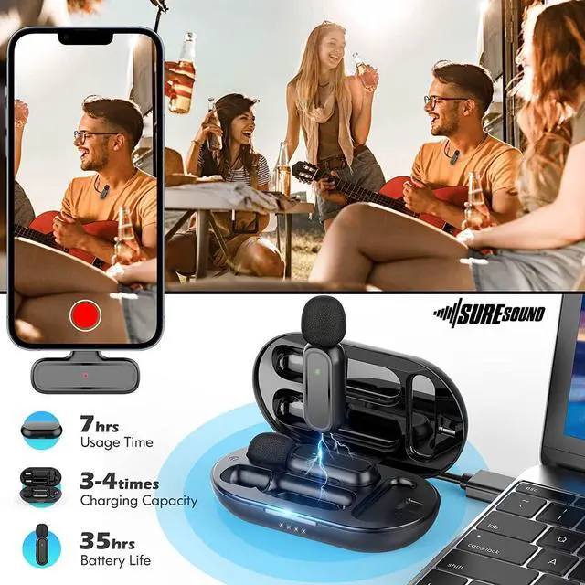 Alt view image 2 of 7 - Wireless Microphone for iPhone with Tripod (2 Pack) - Professional Vlog Kit - 12H Runtime 70ft Range - Clip-On Mini Lapel Microphones for Interviews, Vlogs & Podcasts
