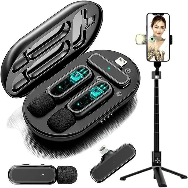 Main image of Wireless Microphone for iPhone with Tripod (2 Pack) - Professional Vlog Kit - 12H Runtime 70ft Range - Clip-On Mini Lapel Microphones for Interviews, Vlogs & Podcasts