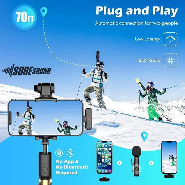 Alt view image 7 of 7 - Wireless Microphone for iPhone with Tripod (2 Pack) - Professional Vlog Kit - 12H Runtime 70ft Range - Clip-On Mini Lapel Microphones for Interviews, Vlogs & Podcasts