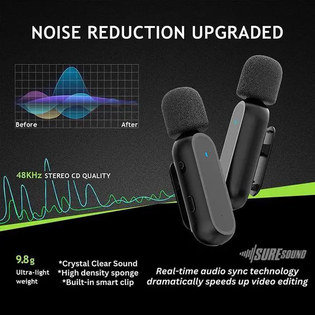 Alt view image 4 of 7 - Wireless Microphone for iPhone with Tripod (2 Pack) - Professional Vlog Kit - 12H Runtime 70ft Range - Clip-On Mini Lapel Microphones for Interviews, Vlogs & Podcasts