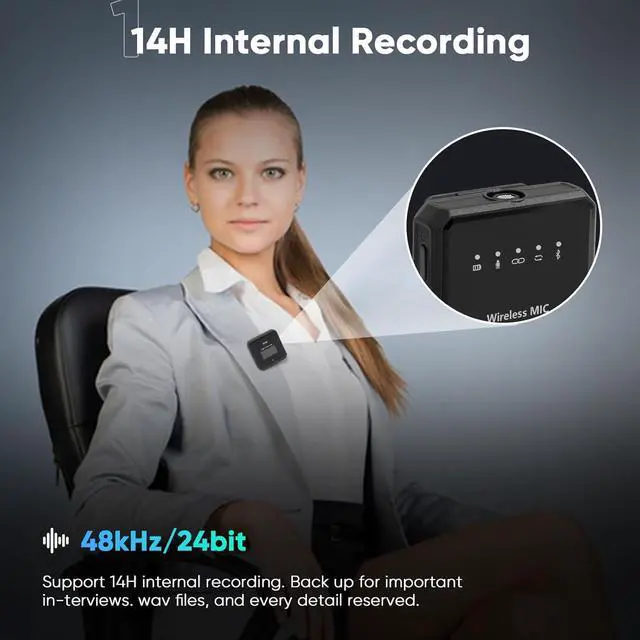 Alt view image 4 of 7 - Wireless Lavalier Microphone, 100m (328 ft.) Range bluetooth microphone, 24-Hour Battery, Noise Cancellation, Wireless Microphone for PC, iPhone, Andriod, Record Interview, Vlogs