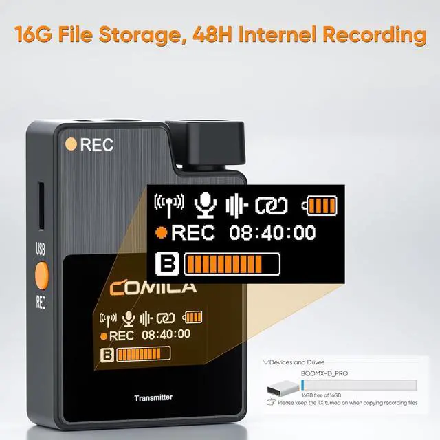 Alt view image 2 of 7 - COMICA BoomX-D2 PRO Wireless Lavalier Microphone for iPhone Android Camera PC, Lapel Mic with 16GB Storage, Safety Audio Track, Noise Cancellation, Lav Mic for YouTube TikTok Video Recording