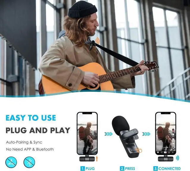 Alt view image 2 of 7 - Wireless Microphone for iPhone iPad/Android/PC, Mini Microphone for Video Recording, Plug and Play Lavalier Microphone Lapel Wireless Mic with Noise Reduction