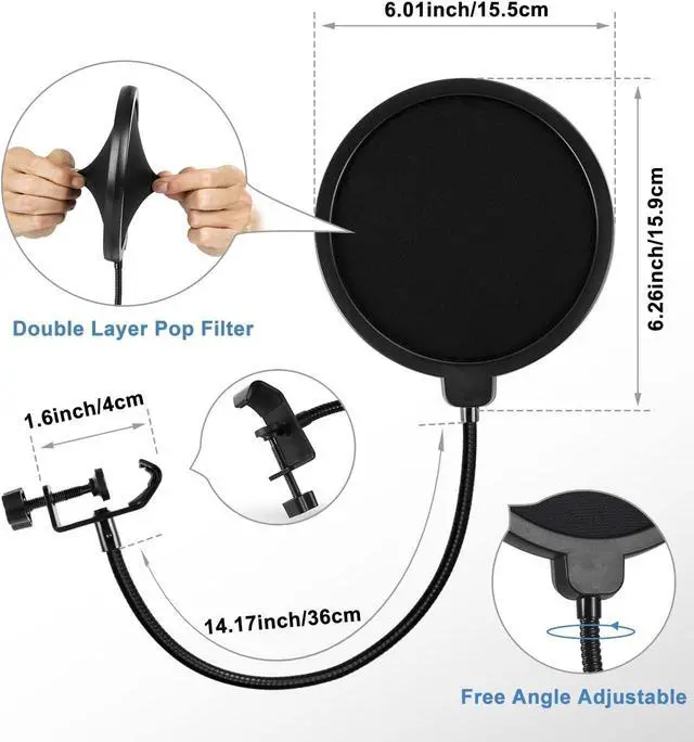 Alt view image 4 of 7 - BILIONE Upgraded Desktop Microphone Stand, Adjustable Mic Stand Desk with Pop Filter, Shock Mount, Microphone Clip, 5/8" to 3/8" Metal Screw Adapter