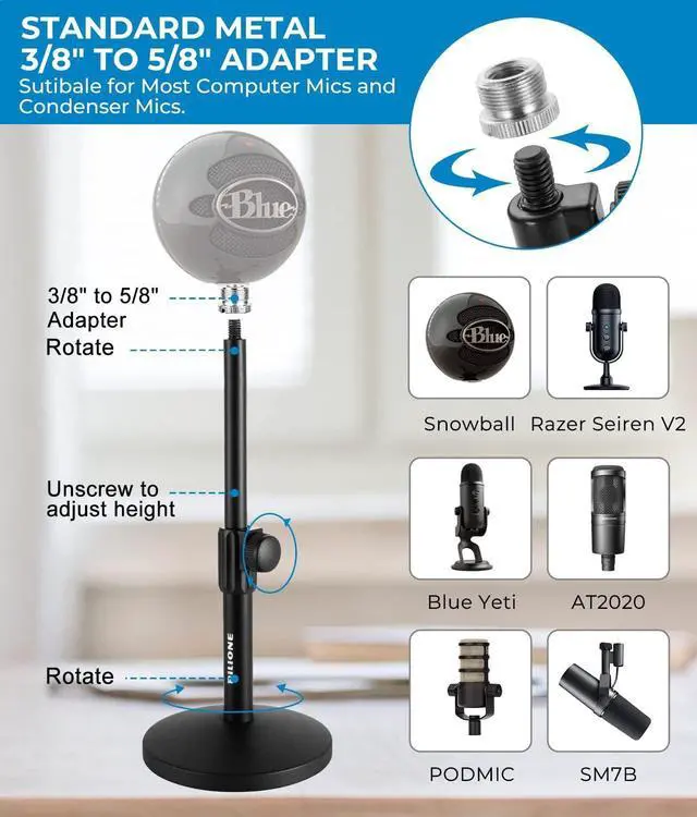 Alt view image 6 of 7 - BILIONE Upgraded Desktop Microphone Stand, Adjustable Mic Stand Desk with Pop Filter, Shock Mount, Microphone Clip, 5/8" to 3/8" Metal Screw Adapter