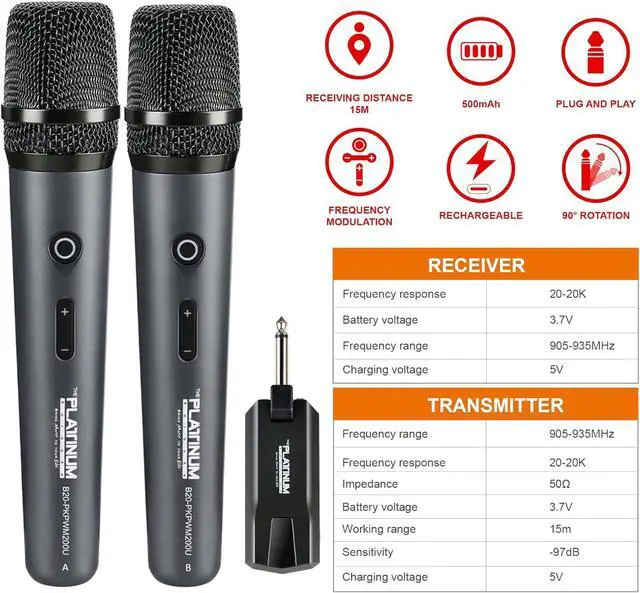 Alt view image 3 of 5 - The Platinum Wireless Microphone for mic Input UHF Metal Dynamic Handheld Multipurpose mic with Rechargeable Receiver 160ft Range Suitable for  Machine/Amplifier Speake/Mixer/Church