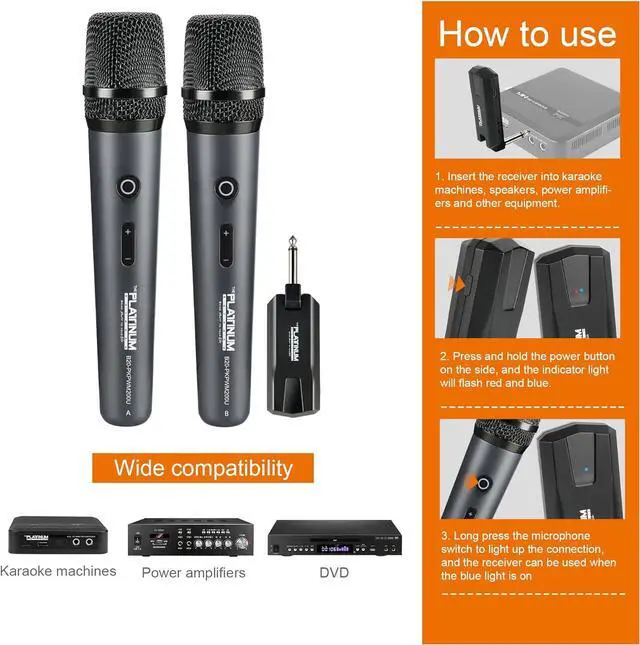 Alt view image 5 of 5 - The Platinum Wireless Microphone for mic Input UHF Metal Dynamic Handheld Multipurpose mic with Rechargeable Receiver 160ft Range Suitable for  Machine/Amplifier Speake/Mixer/Church