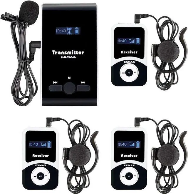 Main image of EXMAX EX-100 Wireless Tour Guide Monitoring Acoustic Audio Voice Transmission System Microphone Earphone for Church Translation Simultaneous Interpreting Teaching Worship (1 Transmitter 3 Receivers)