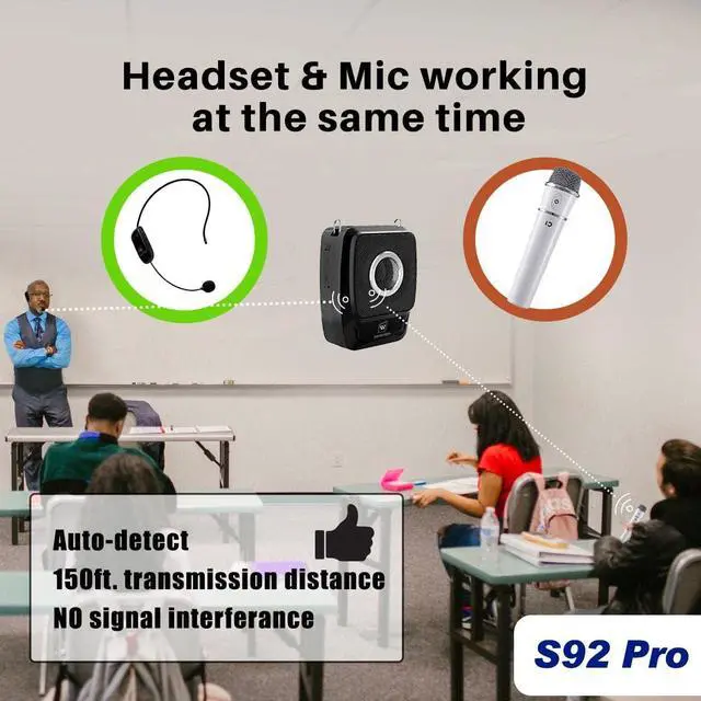 Alt view image 2 of 6 - S92 Pro Portable PA System -25W Bluetooth Speaker with Dual Wireless Microphones, Wireless Voice Amplifier with Headset Mic and Handheld Mic for Presentations, Teaching, Karaoke