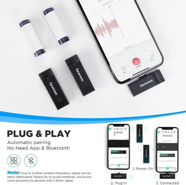 Alt view image 3 of 7 - Saramonic Wireless Lavalier Microphone for iPhone iPad 2.4Ghz Clip On Lapel Condenser Mic Plug and Play Mini for Interview Streaming Recording Video Podcast Vlog YouTube SR-Blink Go-D2 (TX+TX+RX)