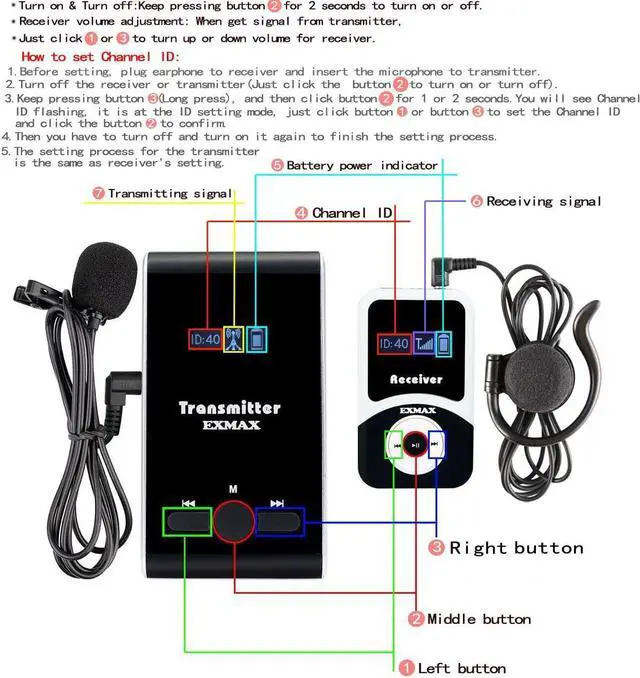 Alt view image 2 of 7 - EXMAX EX-100 Wireless Tour Guide System Live Translator Microphone Church Translation Devices Simultaneous Interpreting Equipment Silent Conference Distancing Talk (1 Transmitter 8 Receivers)