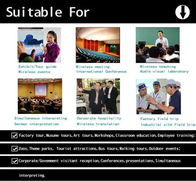 Alt view image 7 of 7 - EXMAX EX-100 Wireless Tour Guide System Live Translator Microphone Church Translation Devices Simultaneous Interpreting Equipment Silent Conference Distancing Talk (1 Transmitter 8 Receivers)
