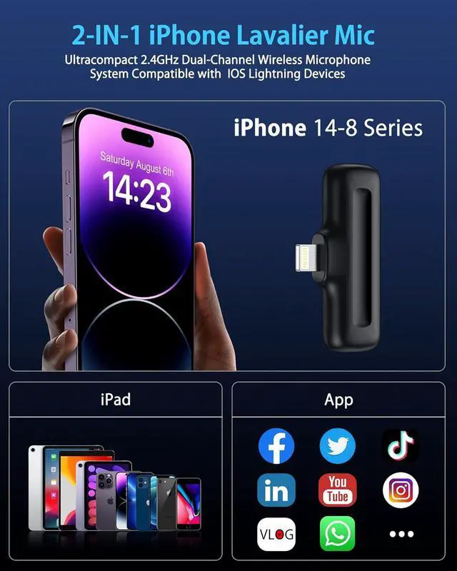 Alt view image 7 of 7 - AILKIN Wireless Lavalier Microphone, 2-in-1 MFi Certified Mini Lapel Microfono with Charging Case for Videos, Podcasts, Vlogs, YouTube, TikTok - Compatible with iPhone 14 Pro Max 13 12 11 SE XS, iPad